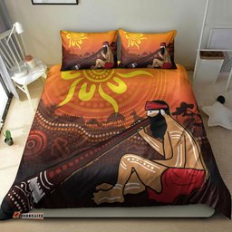 Australia Aboriginal Inspired Bedding Set Man Playing A Didgeridoo Landscape With Uluru Sunset