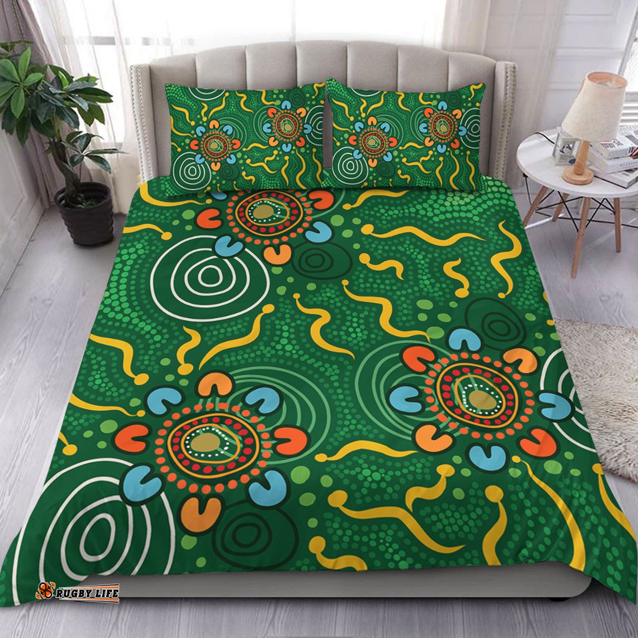 Australia Aboriginal Bedding Set - Green Painting With Aboriginal Inspired Dot Bedding Set