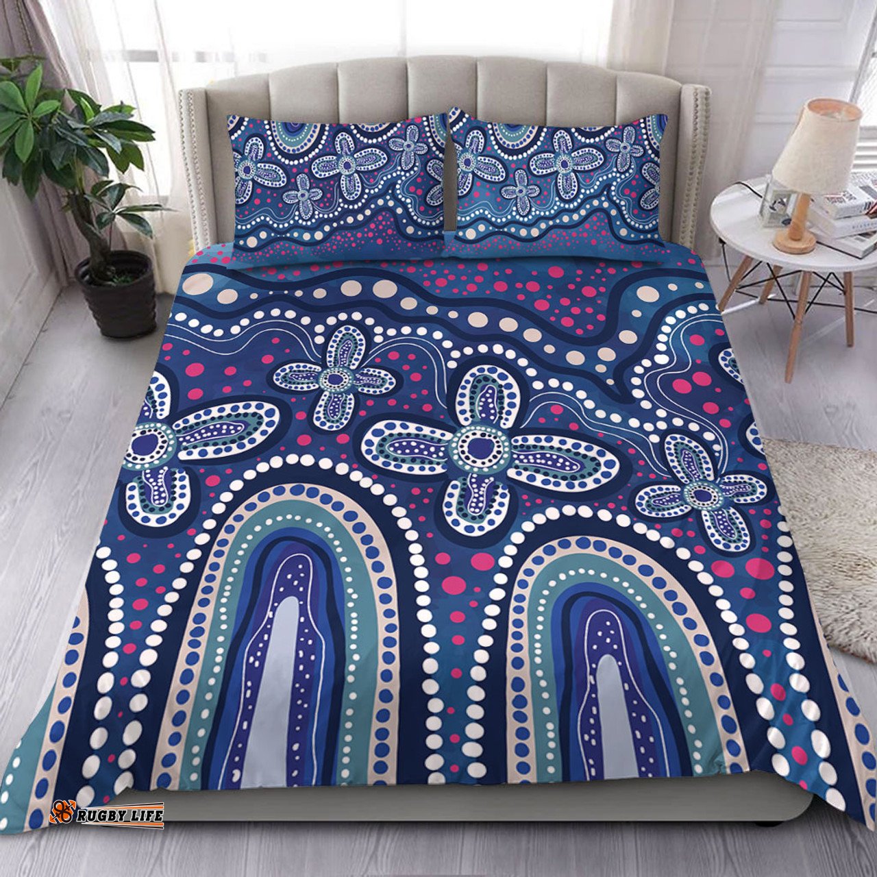 Australia Aboriginal Bedding Set - Dot painting illustration in Aboriginal style Blue Bedding Set