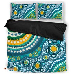 Australia Aboriginal Bedding Set - Turquoise Aboriginal Dot Art With Turtle  Bedding Set