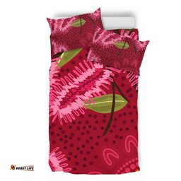 Australia Flowers Aboriginal Bedding Set - Pink Bottle Brush Flora In Indigenous Painting Bedding Set