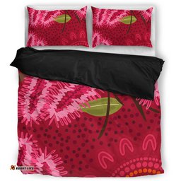 Australia Flowers Aboriginal Bedding Set - Pink Bottle Brush Flora In Indigenous Painting Bedding Set