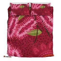 Australia Flowers Aboriginal Bedding Set - Pink Bottle Brush Flora In Indigenous Painting Bedding Set