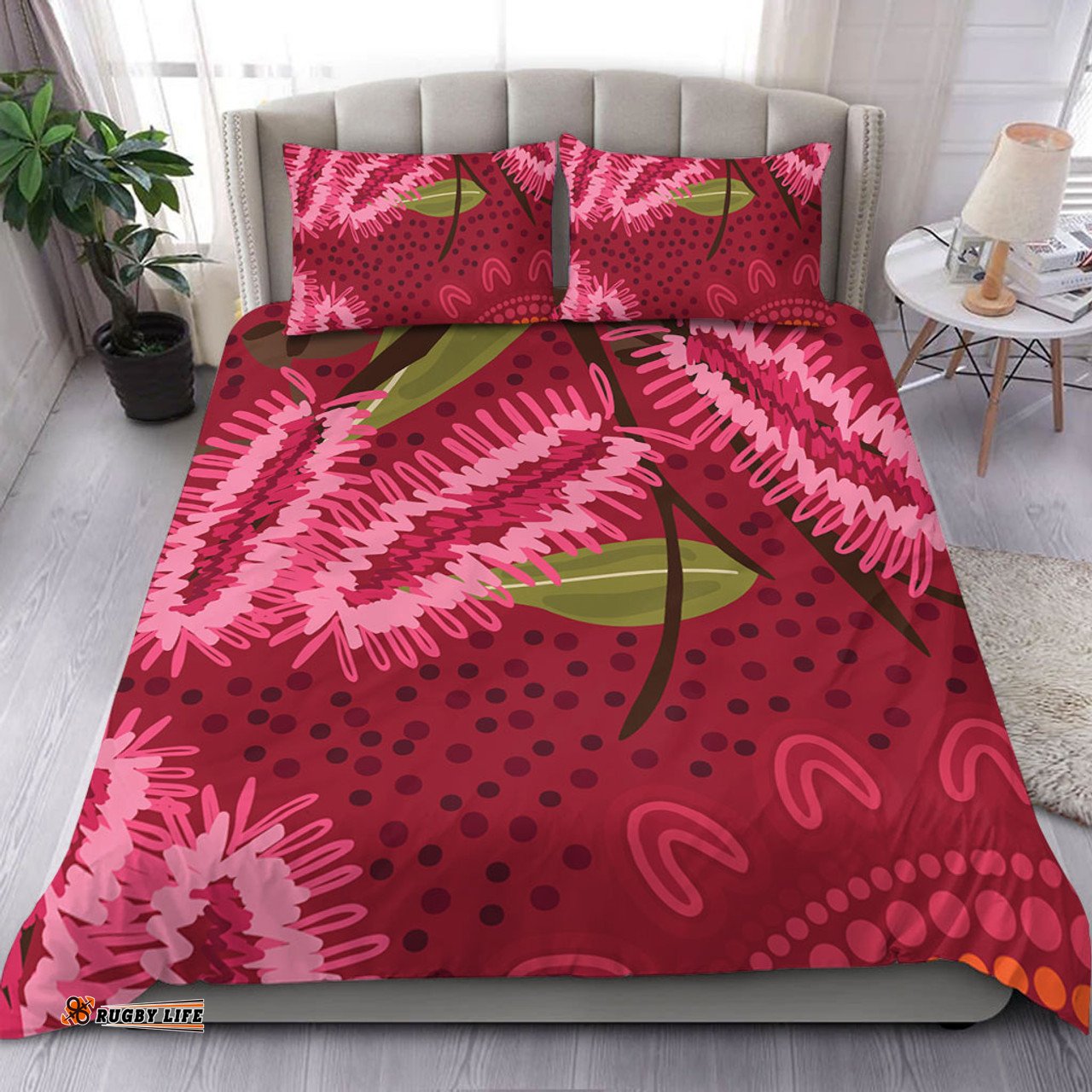Australia Flowers Aboriginal Bedding Set - Pink Bottle Brush Flora In Indigenous Painting Bedding Set
