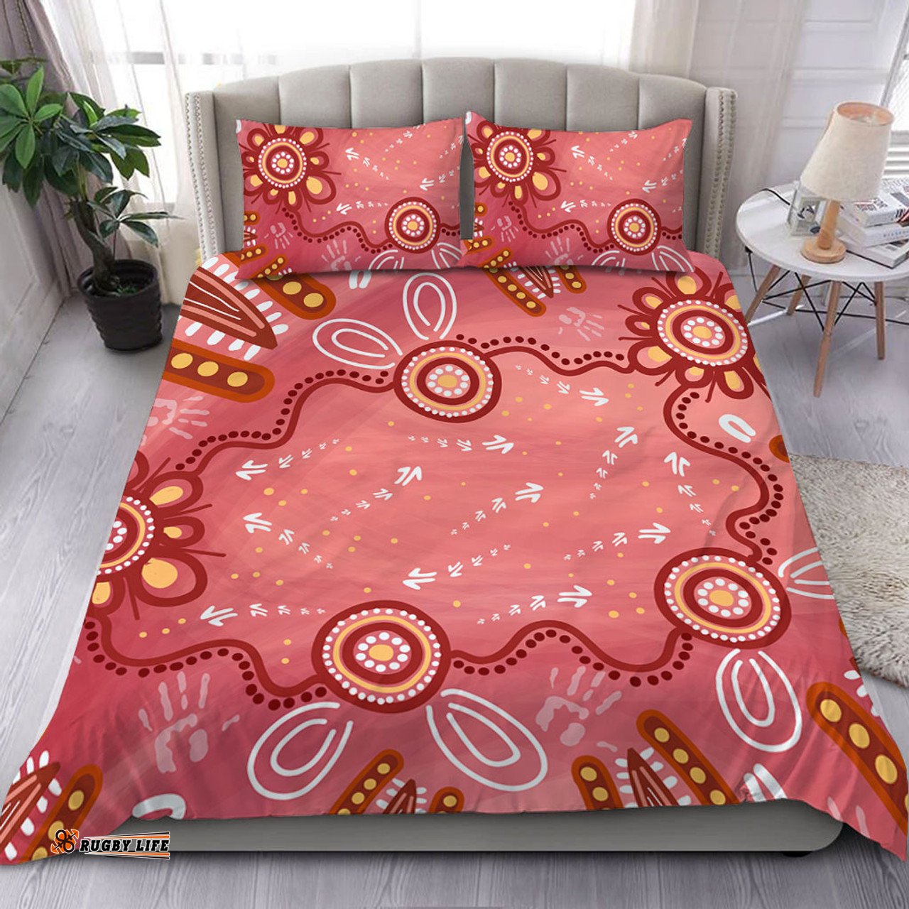 Australia Aboriginal Bedding Set - Pink Aboriginal Dot Art Background Bedding Set