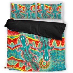 Australia Animals Platypus Aboriginal Bedding Set - Green Platypus With Aboriginal Art Dot Painting Patterns Inspired Bedding Set