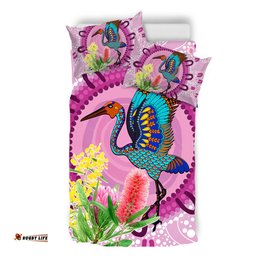 Australia Aboriginal Bedding Set - Brolga Bird Dancing With Australia Native Flowers Bedding Set