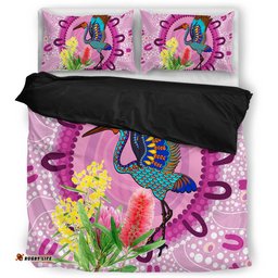 Australia Aboriginal Bedding Set - Brolga Bird Dancing With Australia Native Flowers Bedding Set