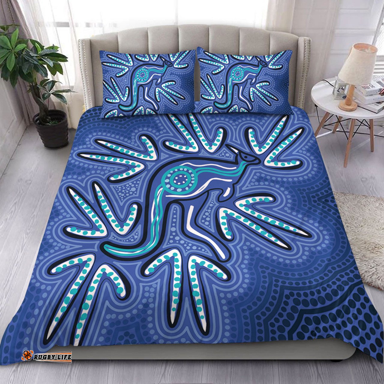Amazing Aussie Australia Aboriginal Blue Aboriginal Style Of Dot Kangaroo Artwork  Bedding Set