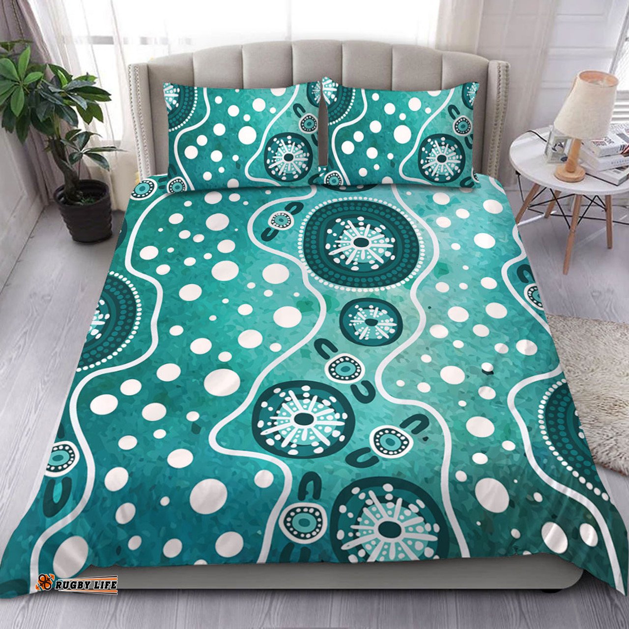 Amazing Aussie Australia Green Background Design Enhanced By Aboriginal Dot Art Bedding Set