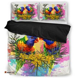 Australia Rainbow Lorikeets Bedding Set - Rainbow Lorikeets With Grevillea Flowers Bedding Set