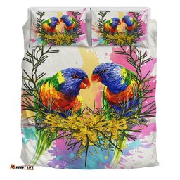 Australia Rainbow Lorikeets Bedding Set - Rainbow Lorikeets With Grevillea Flowers Bedding Set