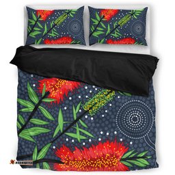 Australia Flowers Aboriginal Bedding Set - Red Bottle Brush Tree Depicted In Aboriginal Style Bedding Set