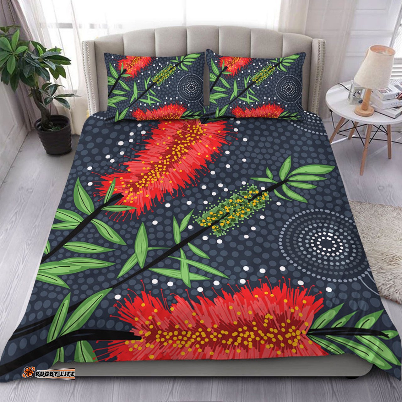 Australia Flowers Aboriginal Bedding Set - Red Bottle Brush Tree Depicted In Aboriginal Style Bedding Set