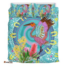 Australia Aboriginal Bedding Set - Brolga Bird Dancing With Australia Native Flowers V3 Bedding Set