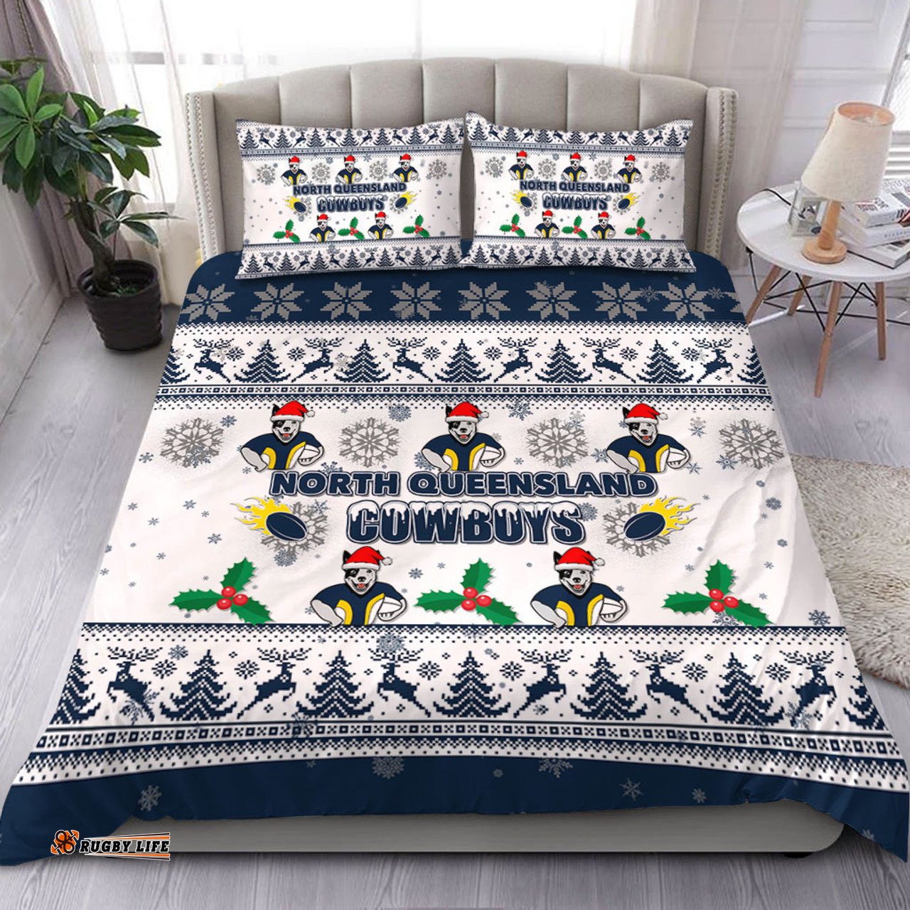 North Queensland Cowboys Christmas Bedding Set - North Queensland Cowboys Special Ugly Christmas Bedding Set