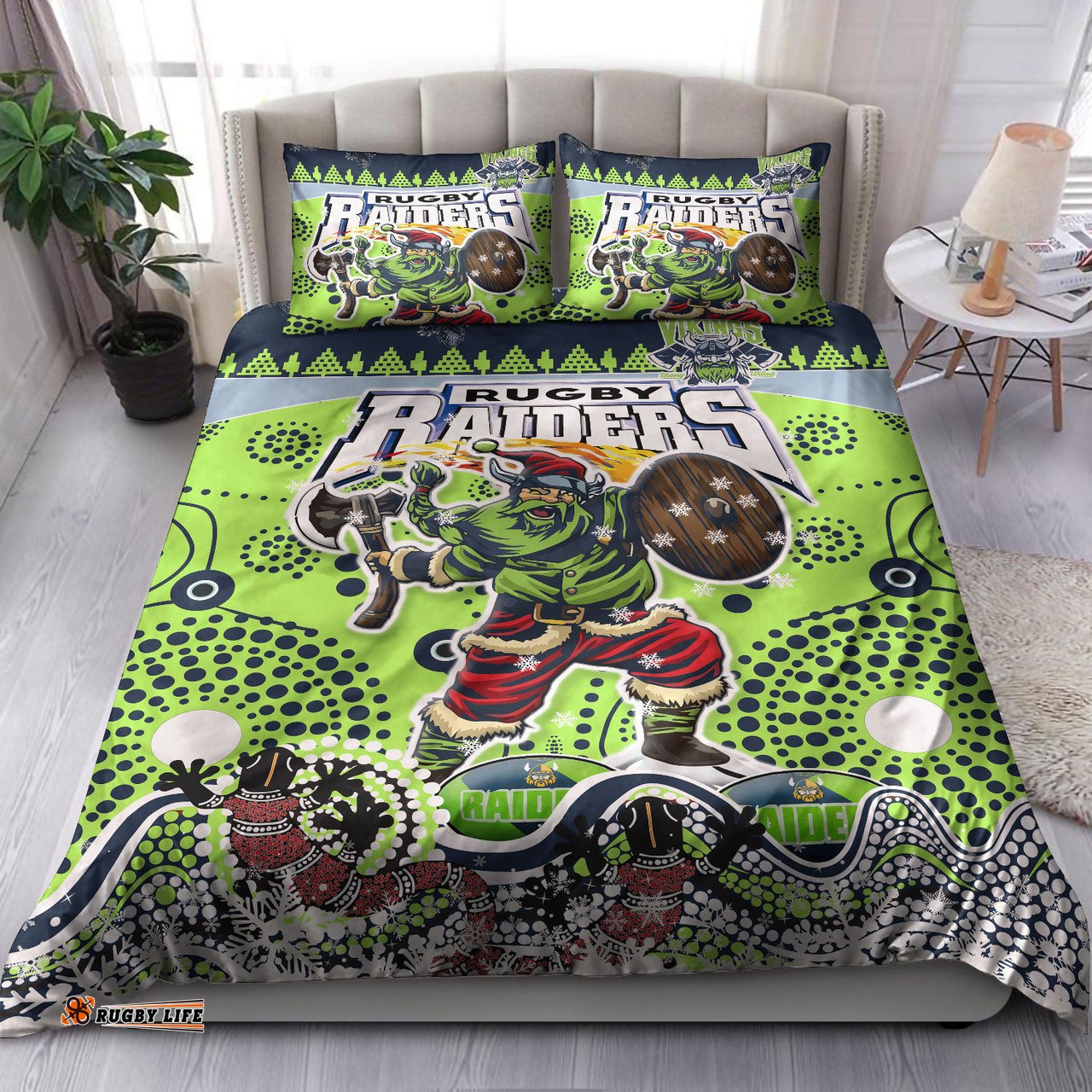 Canberra Raiders Christmas Bedding Set - Custom Merry Viking Canberra Raiders Christmas Indigenous Bedding Set