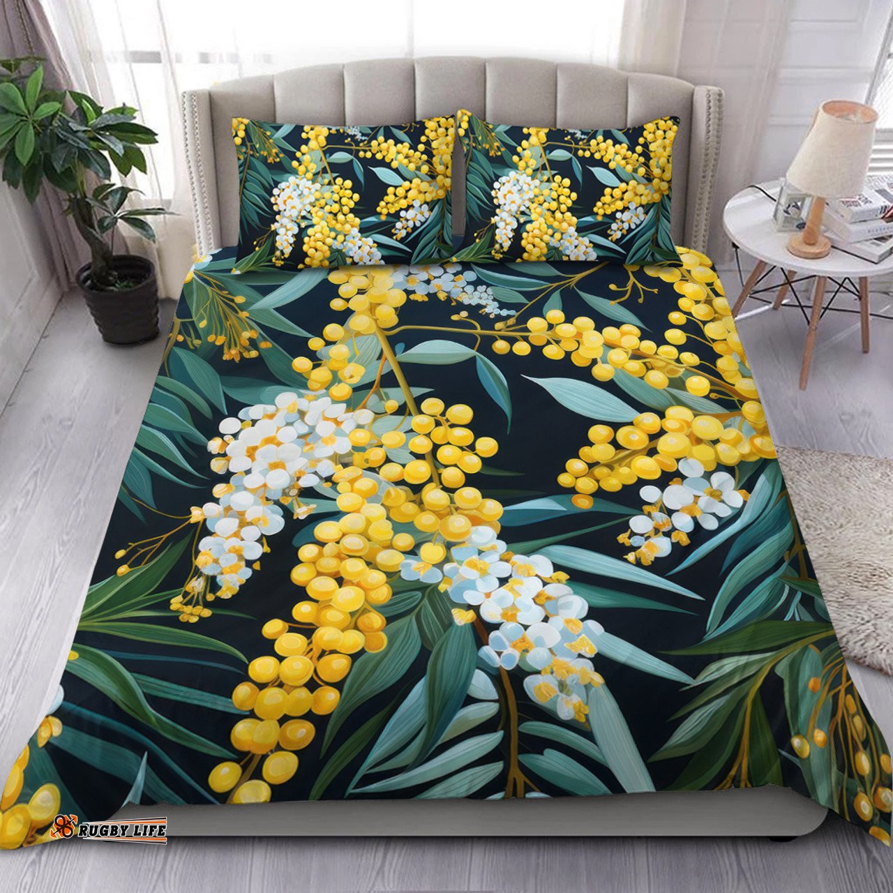 Australia Golden Wattle Bedding Set - Golden Wattle Seamless Patterns Blue Background Bedding Set