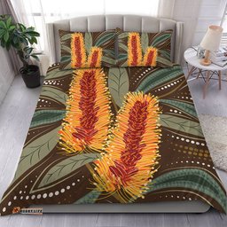 Australia Flowers Aboriginal Bedding Set - Aboriginal Dot Art With Yellow Banksia Flower Bedding Set