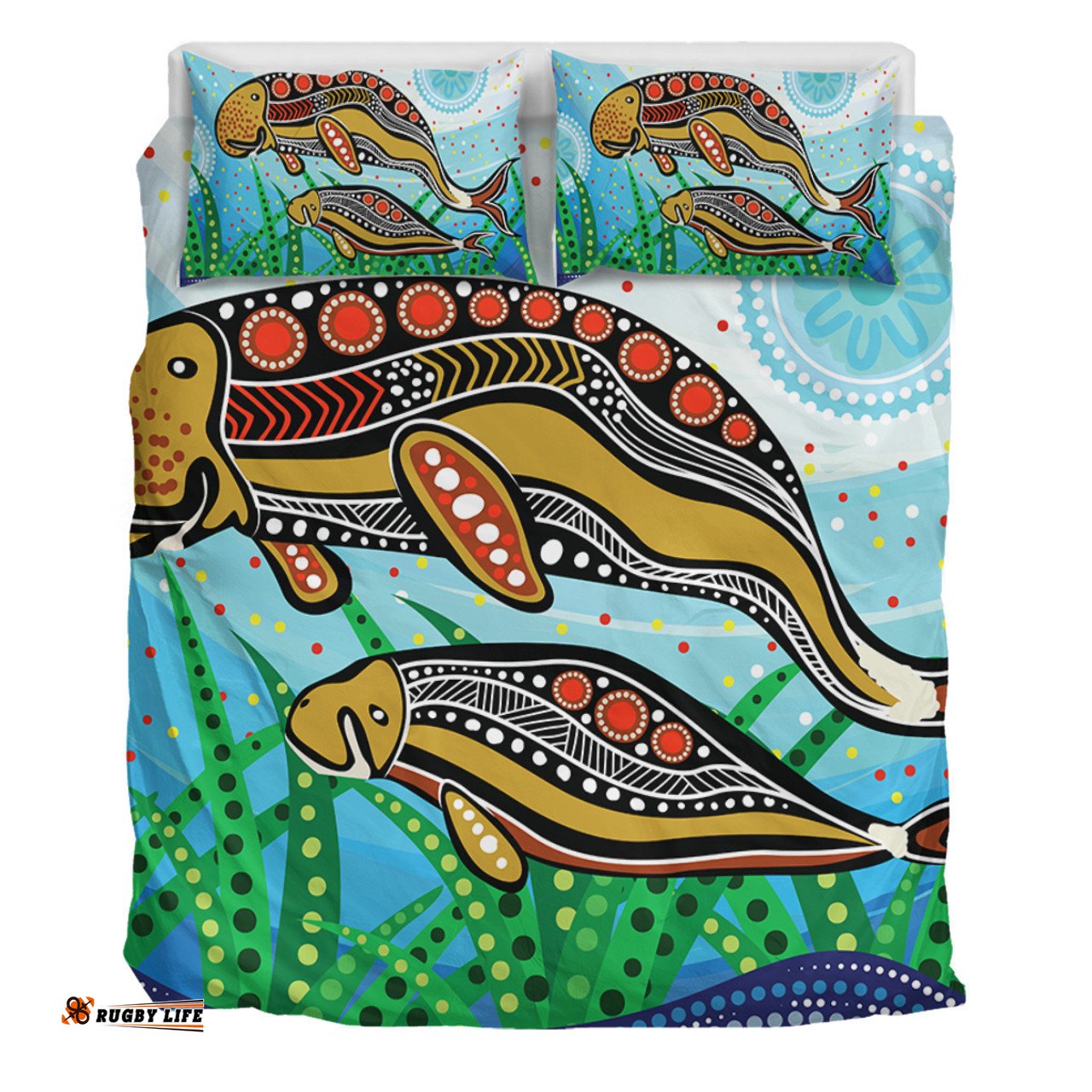 Australia Aboriginal Bedding Set - Dugong Aboriginal Artwork With Mother And Baby
 Bedding Set
