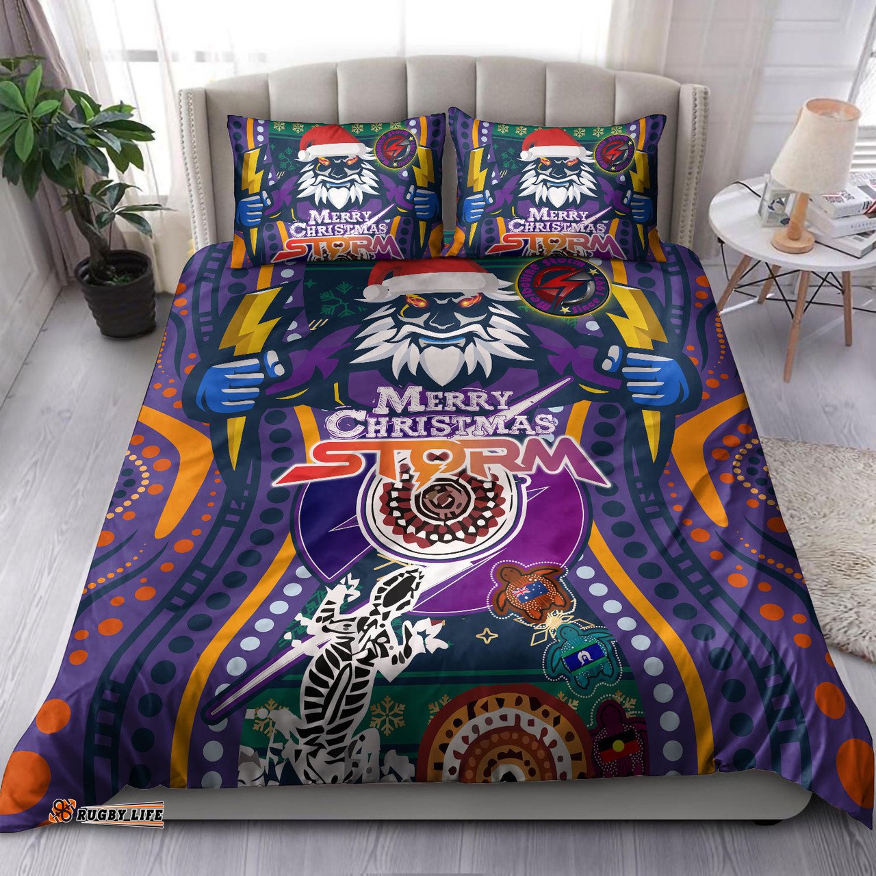 Melbourne Storm Christmas Bedding Set - Custom Merry Christmas Indigenous Melbourne Storm Bedding Set