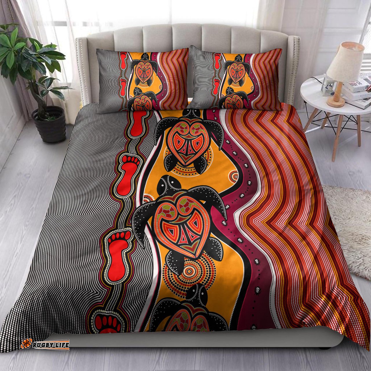Australia Aboriginal Inspired Bedding Set - Turtle And Foot Print Aboiginal Inspired Dot Painting Style