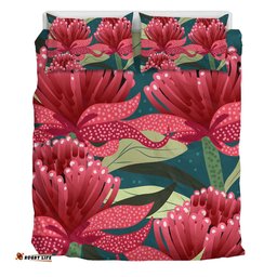 Australia Flowers Aboriginal Bedding Set - Australian Waratah Flowers Painting In Aboriginal Style Bedding Set
