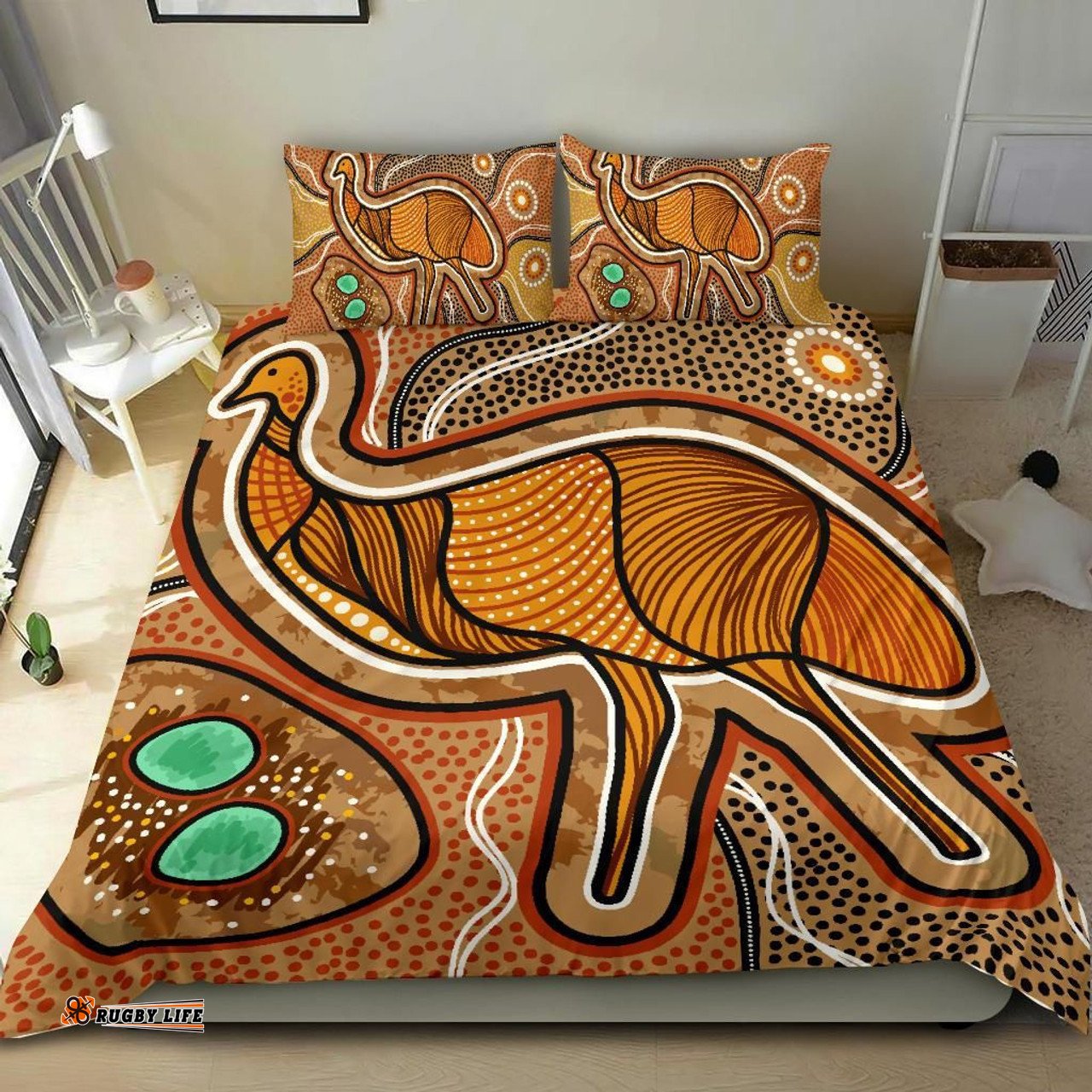 Australia Aboriginal Inspired Bedding Set - Indigenous Emu Vintage Stye