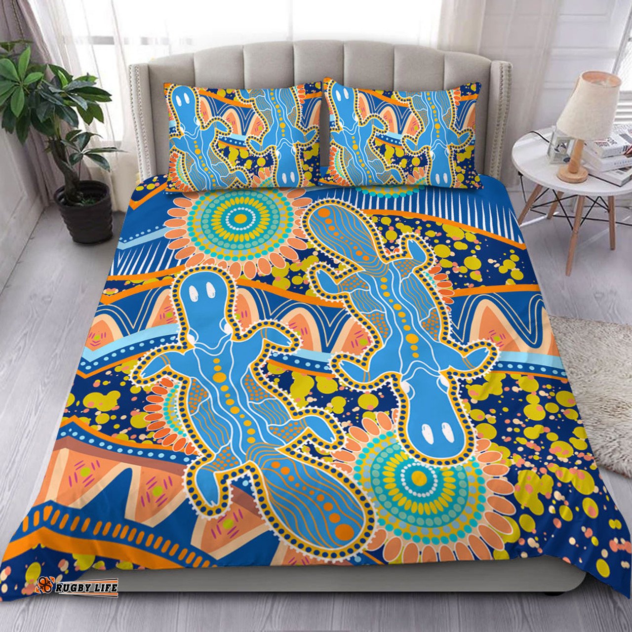 Australia Animals Platypus Aboriginal Bedding Set - Blue Platypus With Aboriginal Art Dot Painting Patterns Inspired Bedding Set