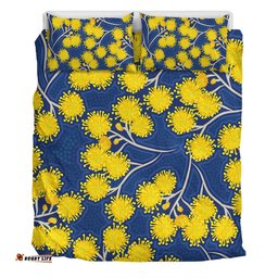 Australia Flowers Aboriginal Bedding Set - Yellow Wattle Flowers With Aboriginal Dot Art Bedding Set