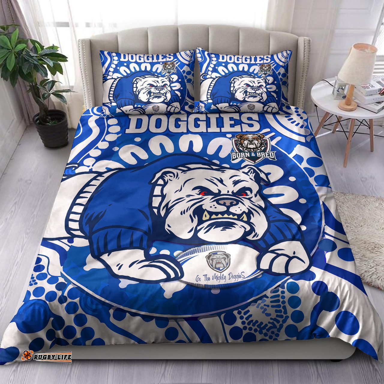 Canterbury-Bankstown Bulldogs Custom Bedding Set - Indigenous Doggies Blue and Whites Aboriginal Inspired