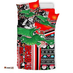 St. George Illawarra Dragons Christmas Bedding Set - Custom Dragons Xmas Green Wyvern With Snowflakes And Ball Bedding Set