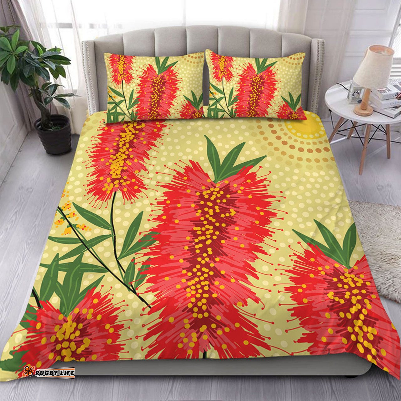 Australia Flowers Aboriginal Bedding Set - Aboriginal Painting Red Bottle Brush Tree Bedding Set