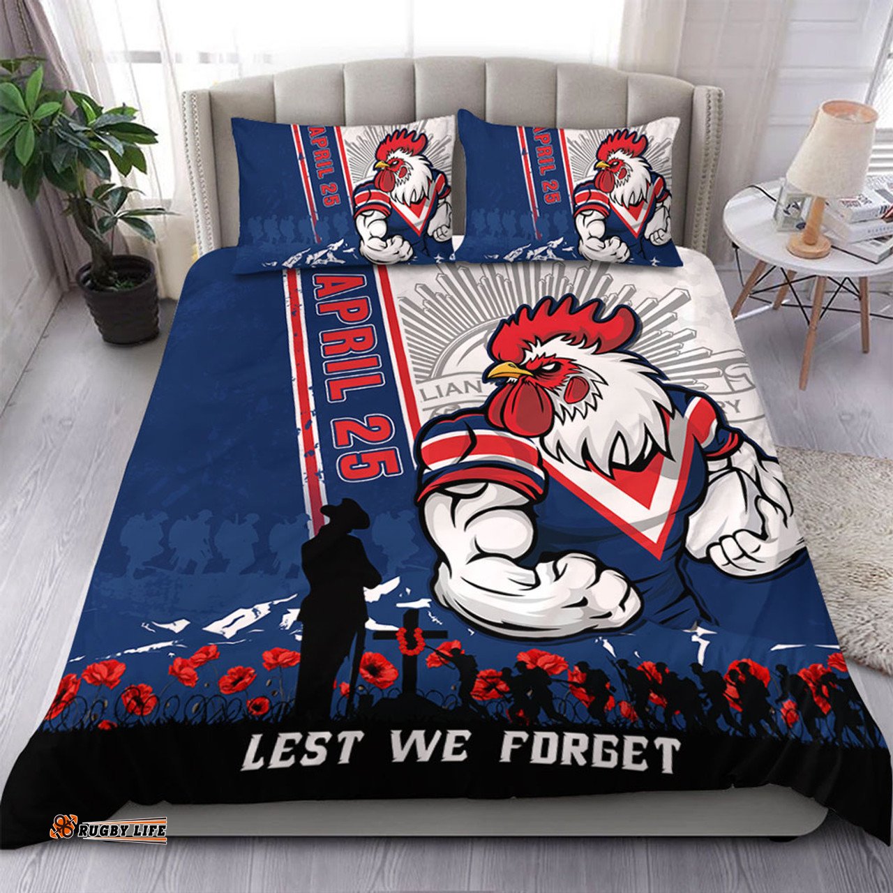 Amazing Aussie Sydney Roosters Anzac Day Lest We Forget Strong Fighting Spirit Bedding Set