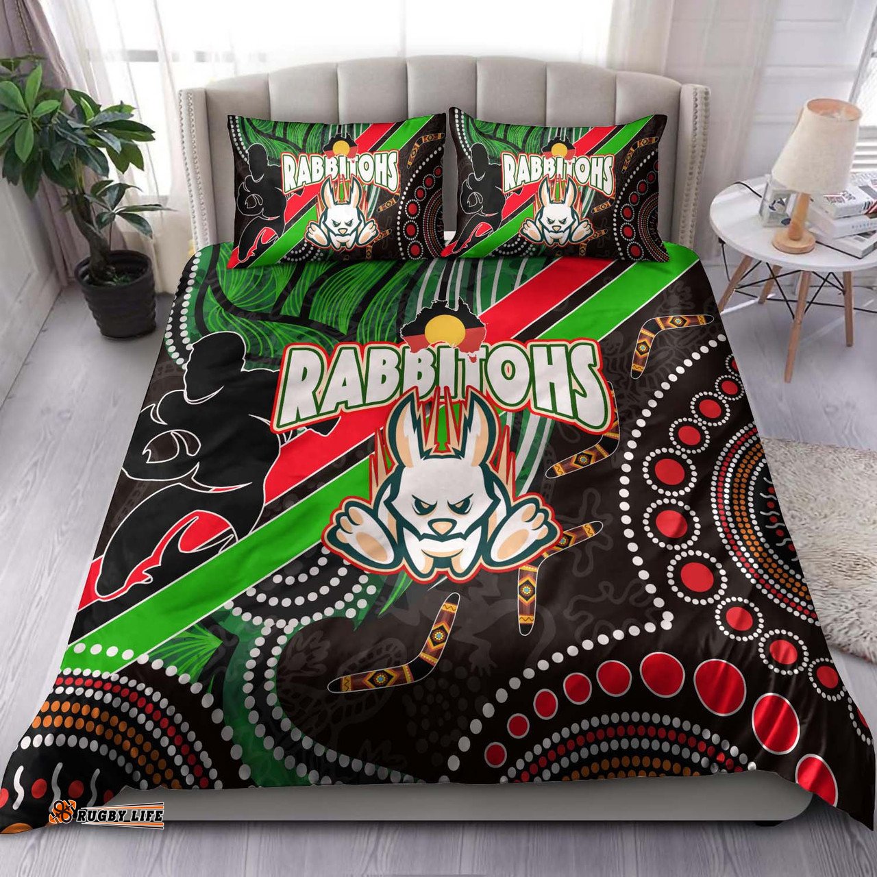 Australia Rabbitohs Anzac Aboriginal Inspired Bedding Set - Australia Rabbitohs Remembrance Day with Poppy Flower Bedding Set