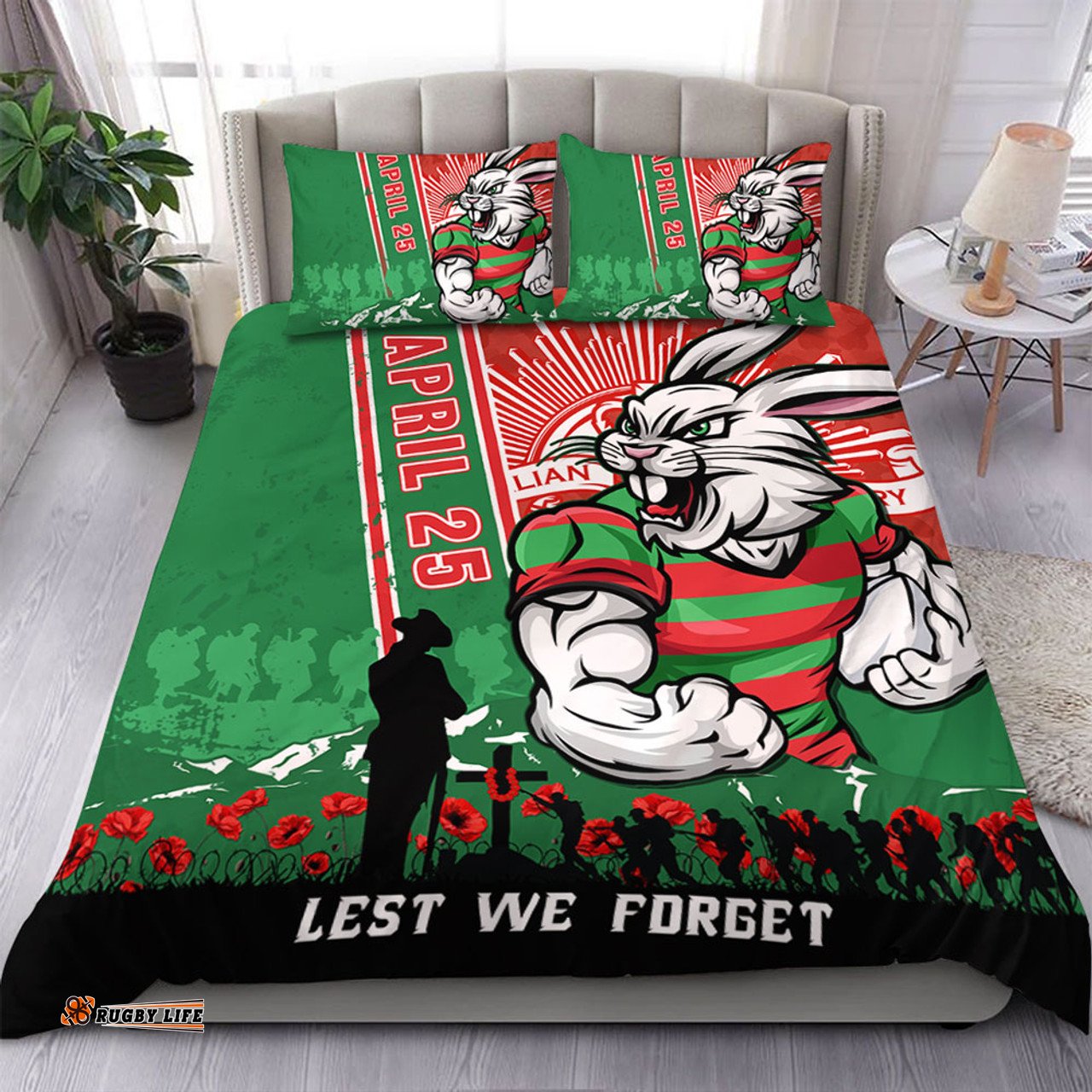 Amazing Aussie South Sydney Rabbitohs Anzac Day Lest We Forget Strong Fighting Spirit Bedding Set
