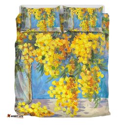 Amazing Aussie Australia Golden Wattle Golden Wattle Bouquet Blue Background Oil Painting Art  Bedding Set