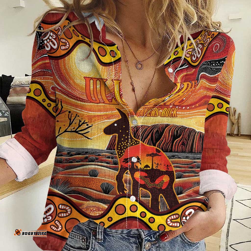 Northern Territory Uluru Women Casual Shirt Ayers Rock Kangaroo Aboriginal Art