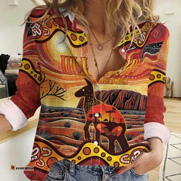 Northern Territory Uluru Women Casual Shirt Ayers Rock Kangaroo Aboriginal Art