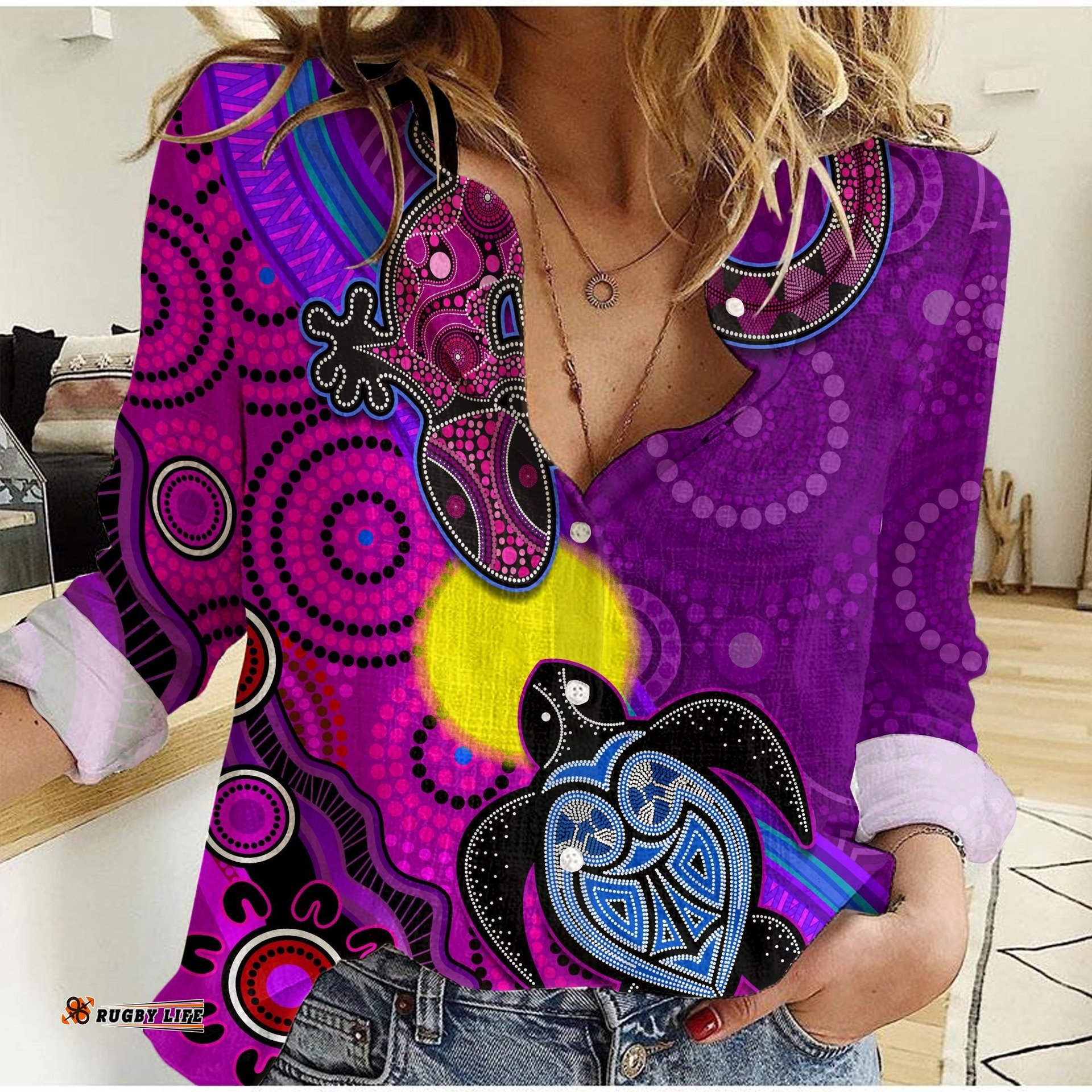 Custom Personalised Australia Lizard and Turtle Women Casual Shirt Aboriginal Art Beautiful Life