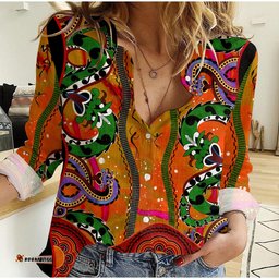 Women Casual Shirt Aboriginal Aussie Indigenous Patterns Orange