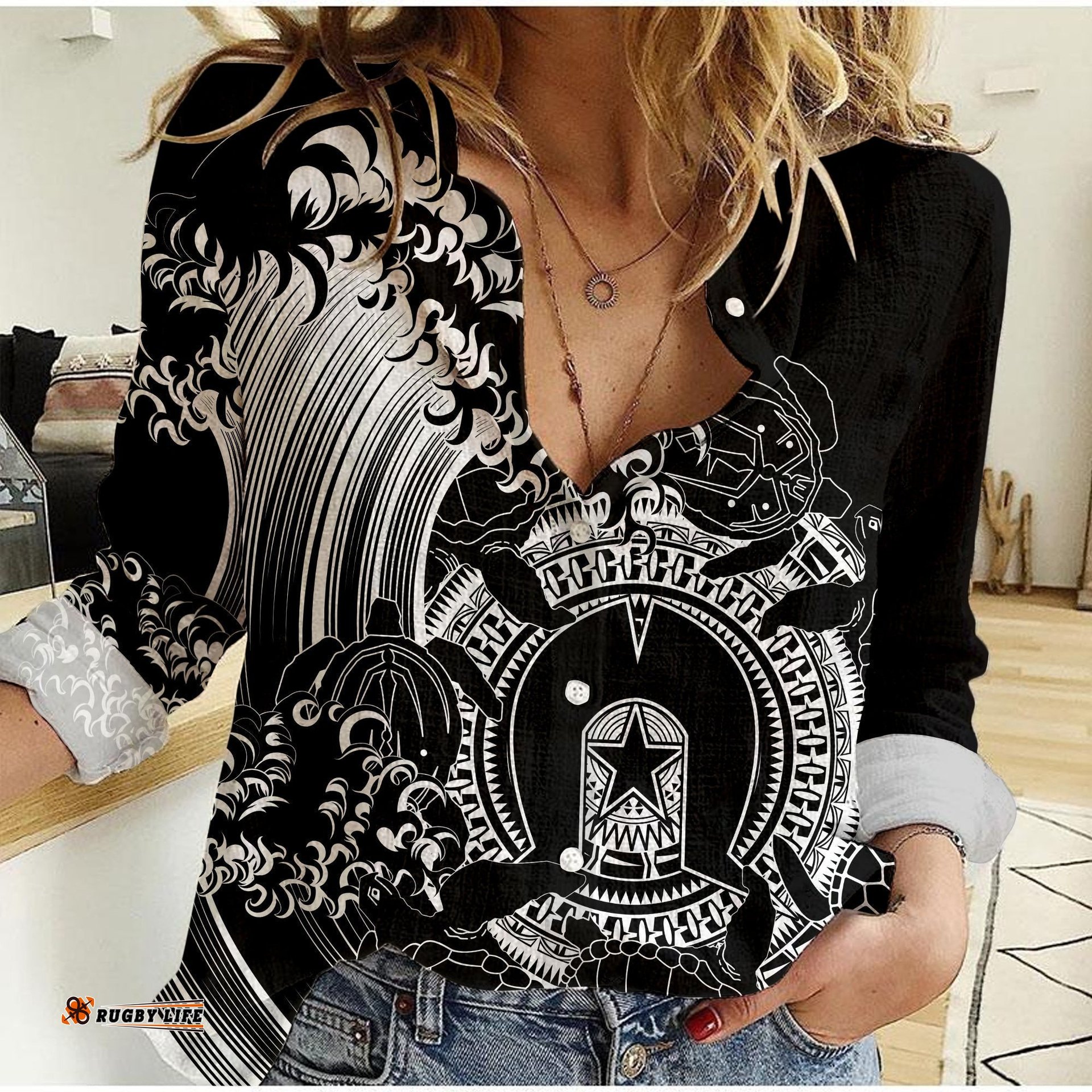 Aboriginal Torres Strait Islands in Wave Black Women Casual Shirt