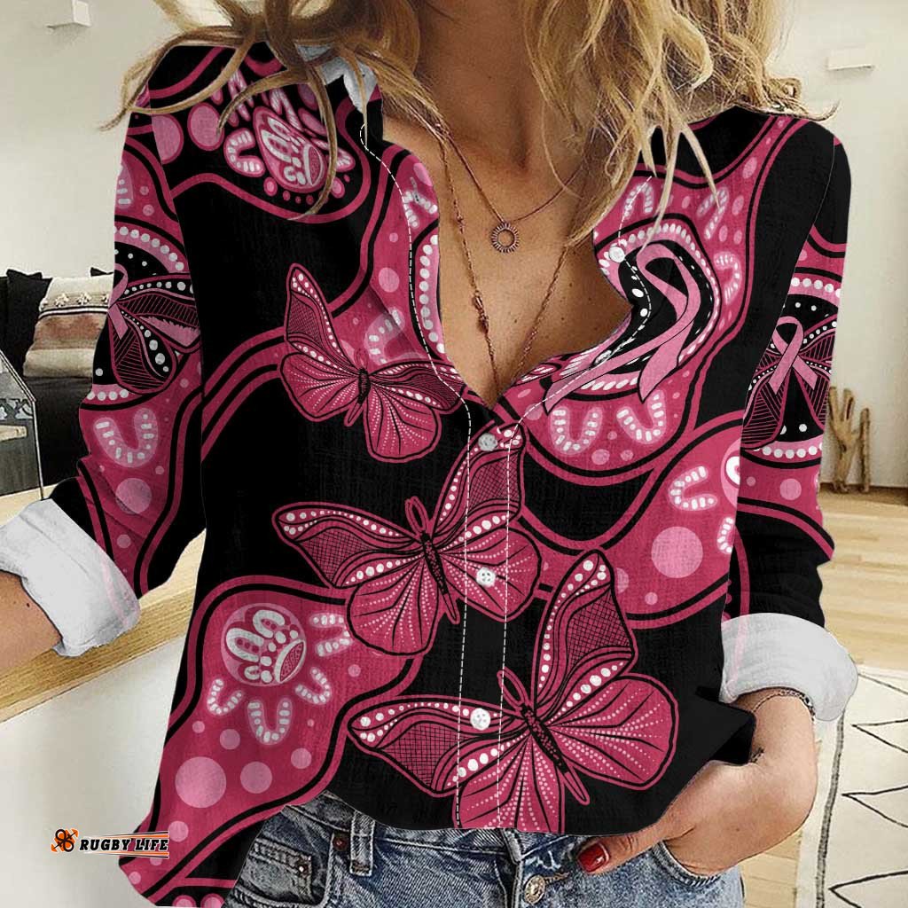 Australia Indigenous Women Casual Shirt Breast Cancer Black Aboriginal Butterfly