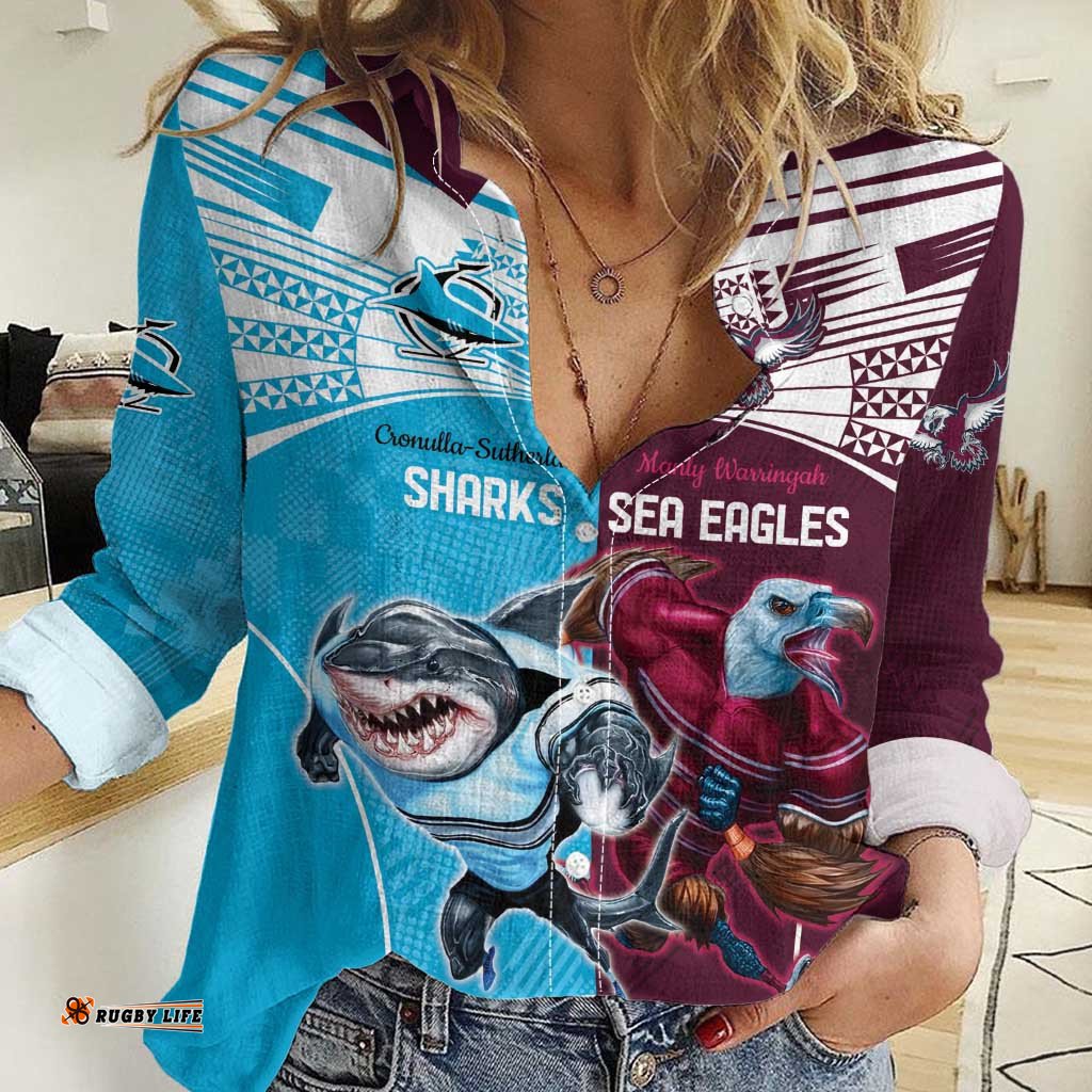 Custom Sea Eagles And Sharks Rugby Women Casual Shirt Sporty Style