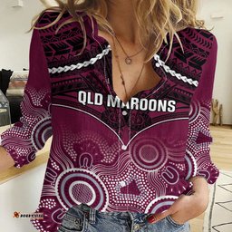 Custom QLD Maroons Rugby Women Casual Shirt Aboriginal Mix Polynesian Pattern