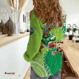 Personalised Rabbitohs And Raiders Rugby Women Casual Shirt Aboriginal Mix Polynesian Pattern