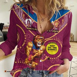 Custom AFL Brisbane Lions NAIDOC Week Women Casual Shirt Keep The Fire Burning Indigenous Art