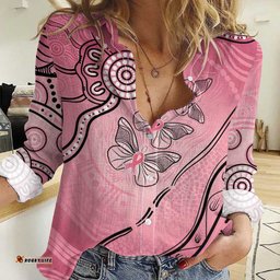 Pink Aboriginal Butterfly Ribbon Cancer Women Casual Shirt