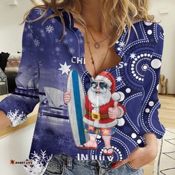 Christmas In July Australia Women Casual Shirt Santa Surfboard Sydney Opera House - Blue