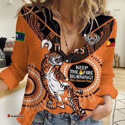 Custom NRL Tigers NAIDOC Week Women Casual Shirt Keep The Fire Burning Indigenous Art